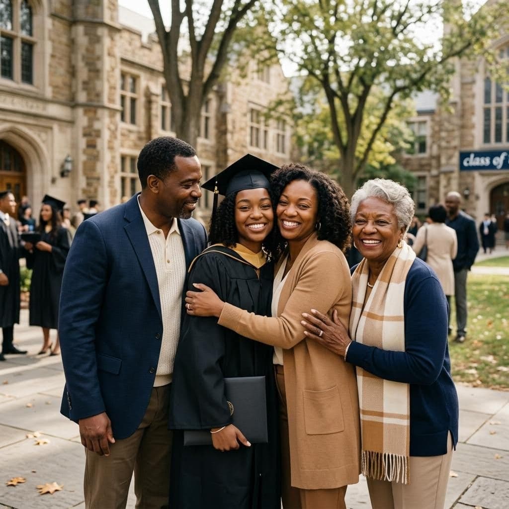 Black family celebrating a graduate together on a university campus