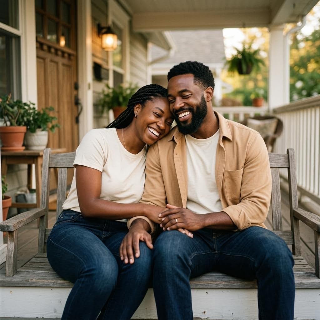 Black couple laughing together on a sunlit front porch