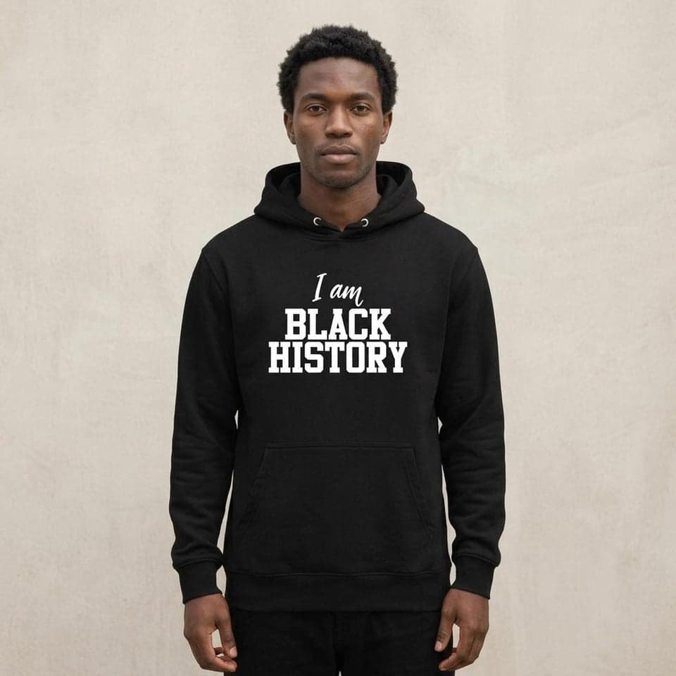 Man wearing the black I AM BLACK HISTORY hoodie